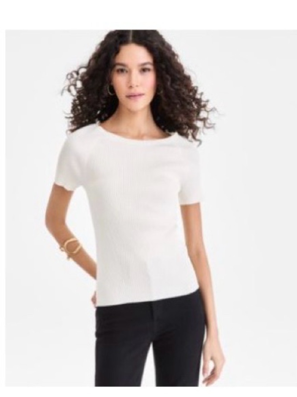 INC International Concepts Ivory Ribbed Short Sleeve Sweater Top